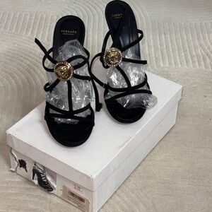 Versace Black Strappy Heels with Metallic Accents